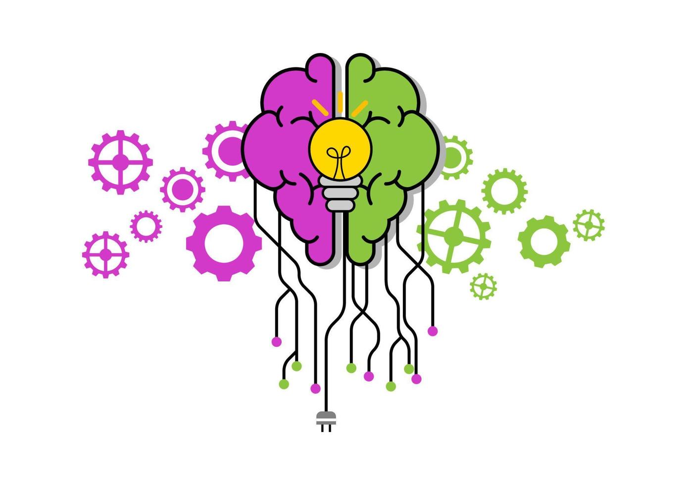 kreatives und ideenkonzept. grünes und violettes Gehirn mit Linie und Punkt und gelbe Glühbirne mit Zahnrädern. Hintergrund oder Banner für Design. vektor