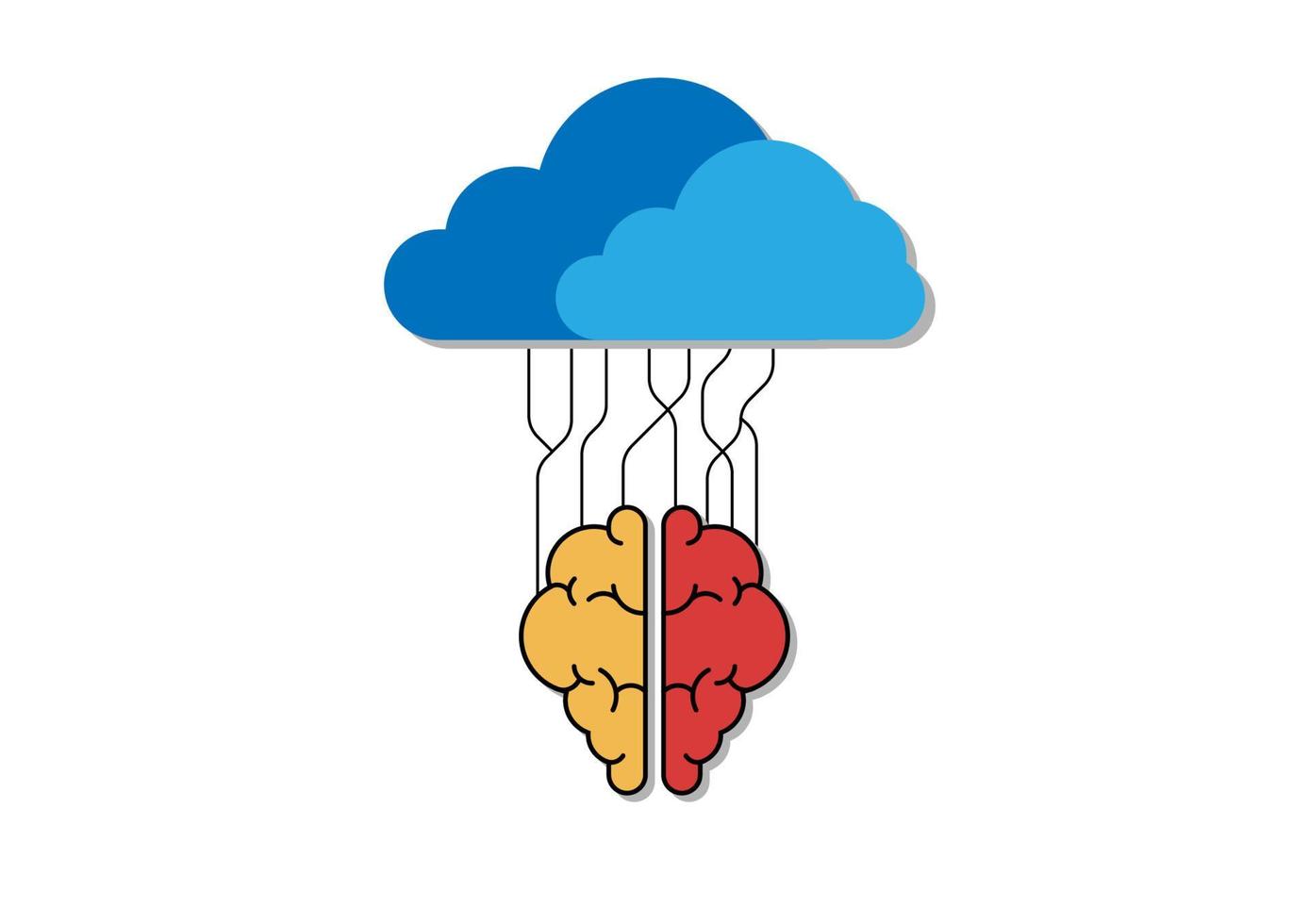 moln datalagring koncept. blått moln med röd och orange hjärna. kommunikation av företag och finans. överföra data till lagring. vektor