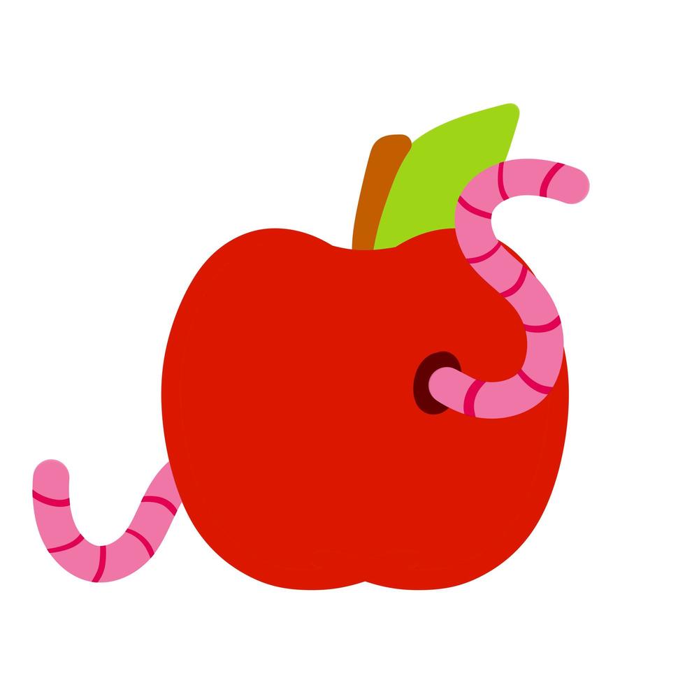 roter Apfel. Frucht mit einem Wurm. vektor