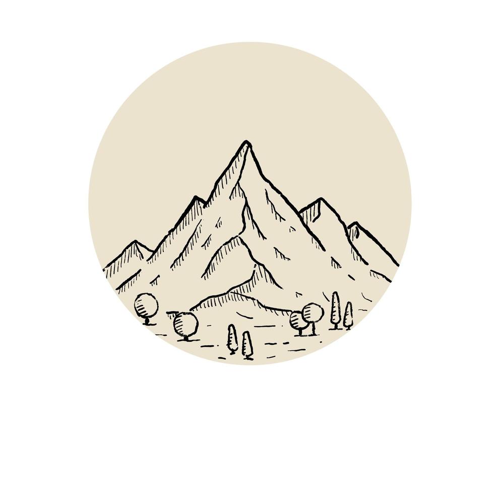 berg i gravyr stil. logotyp för höglandet landskap vektor