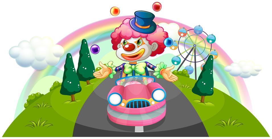 Ein Clown, der in einem rosa Auto beim Jonglieren reitet vektor