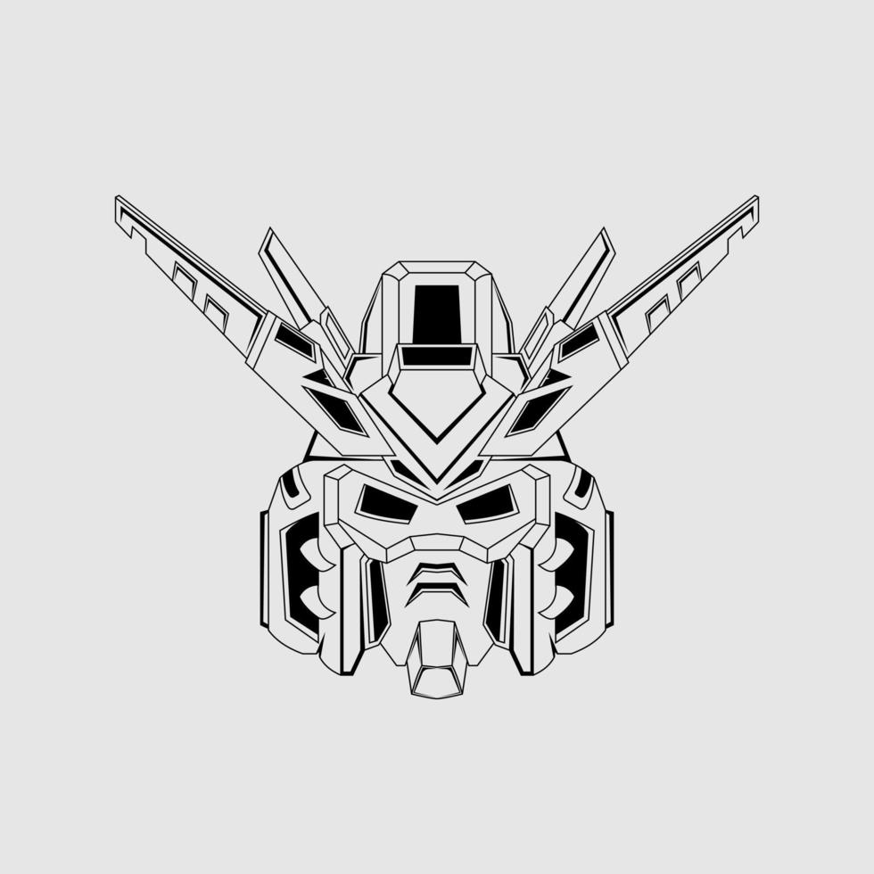 costum gundam kopf t-shirt illustration schwarz-weiß skizze. Mecha-Kopf-Logo Mecha-Kopf-Illustration vektor