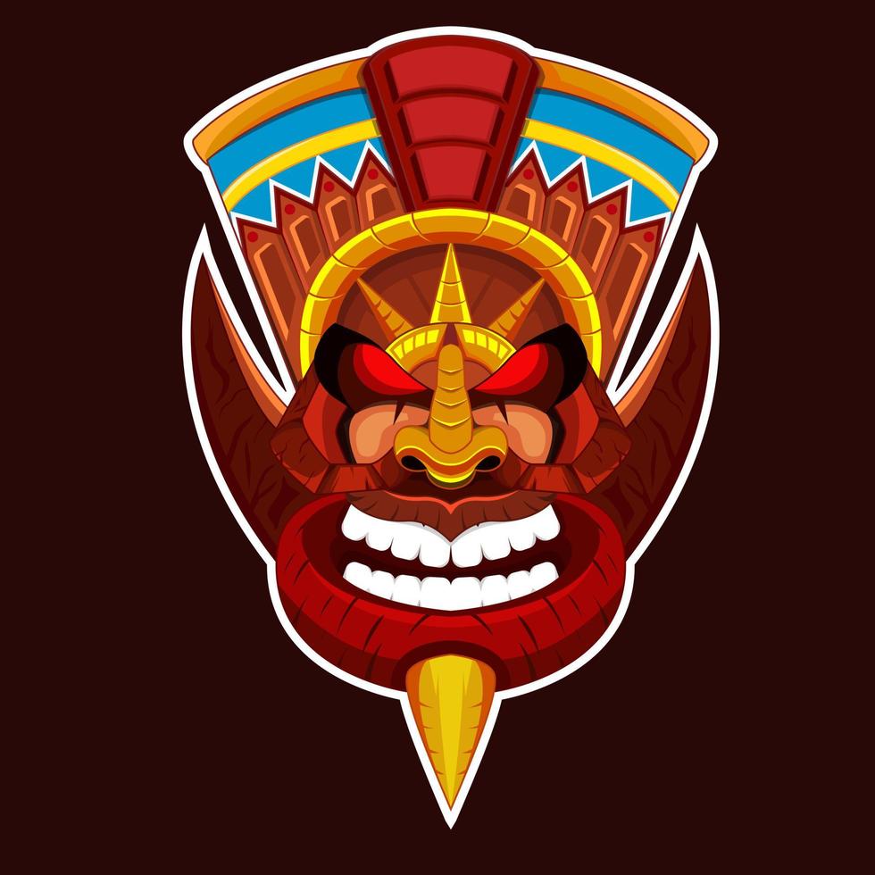 Design einer trendigen Hawaii-Tiki-Holzmaske für die Surfbar. traditionelles ethnisches Idol und hawaiianische Brandung, Maori oder Polynesier vektor