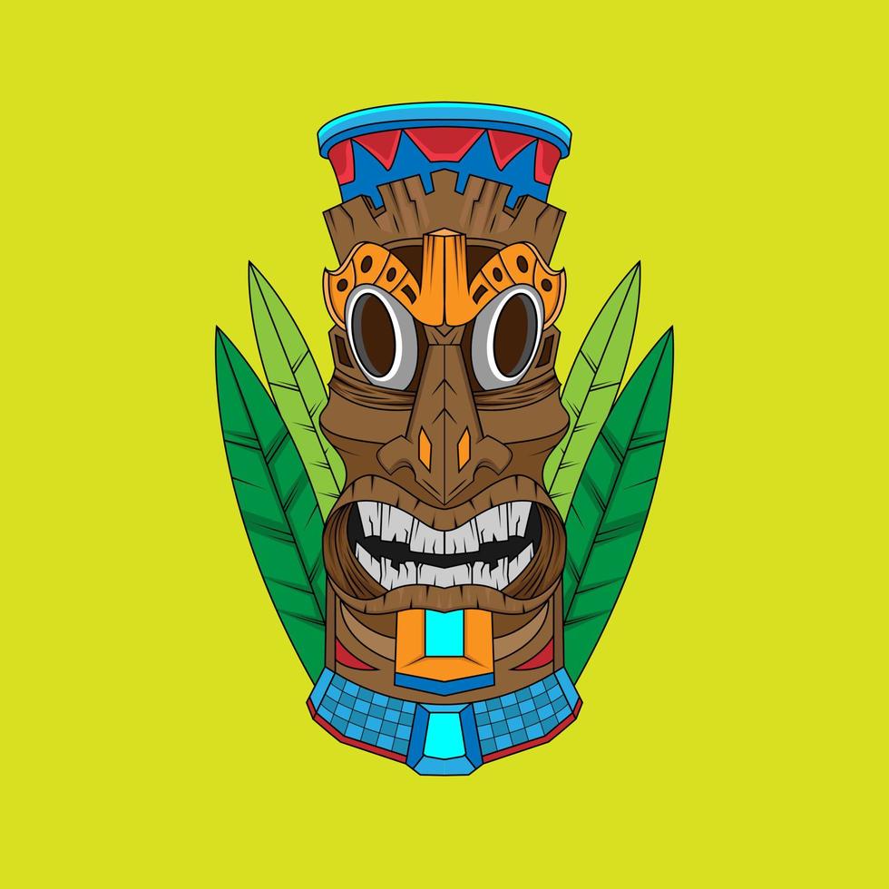 design av trendig hawaii trä tiki mask för surfbar. traditionell etnisk idol och hawaiisk surf, maori eller polynesisk vektor