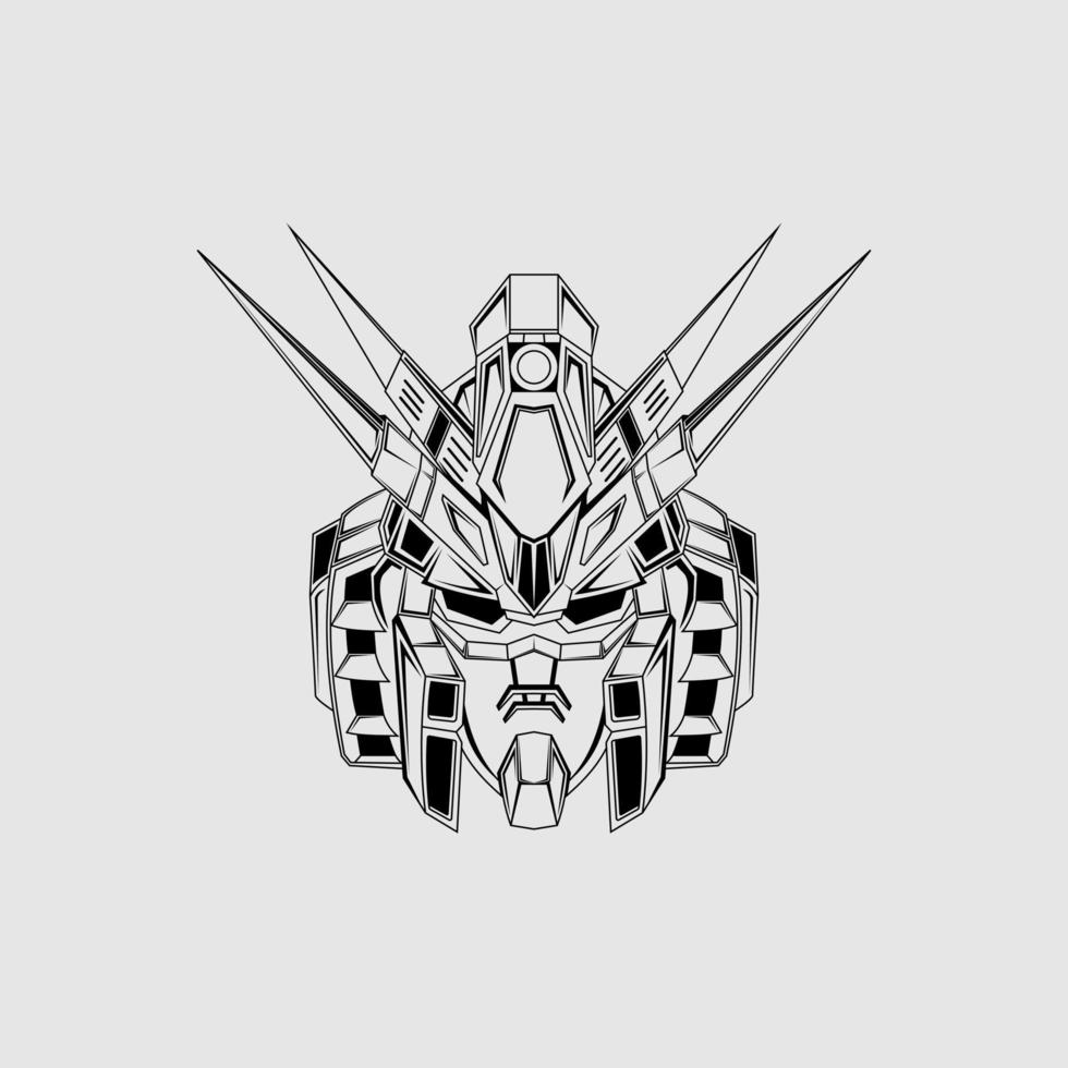 costum gundam kopf t-shirt illustration schwarz-weiß skizze. Mecha-Kopf-Logo Mecha-Kopf-Illustration vektor