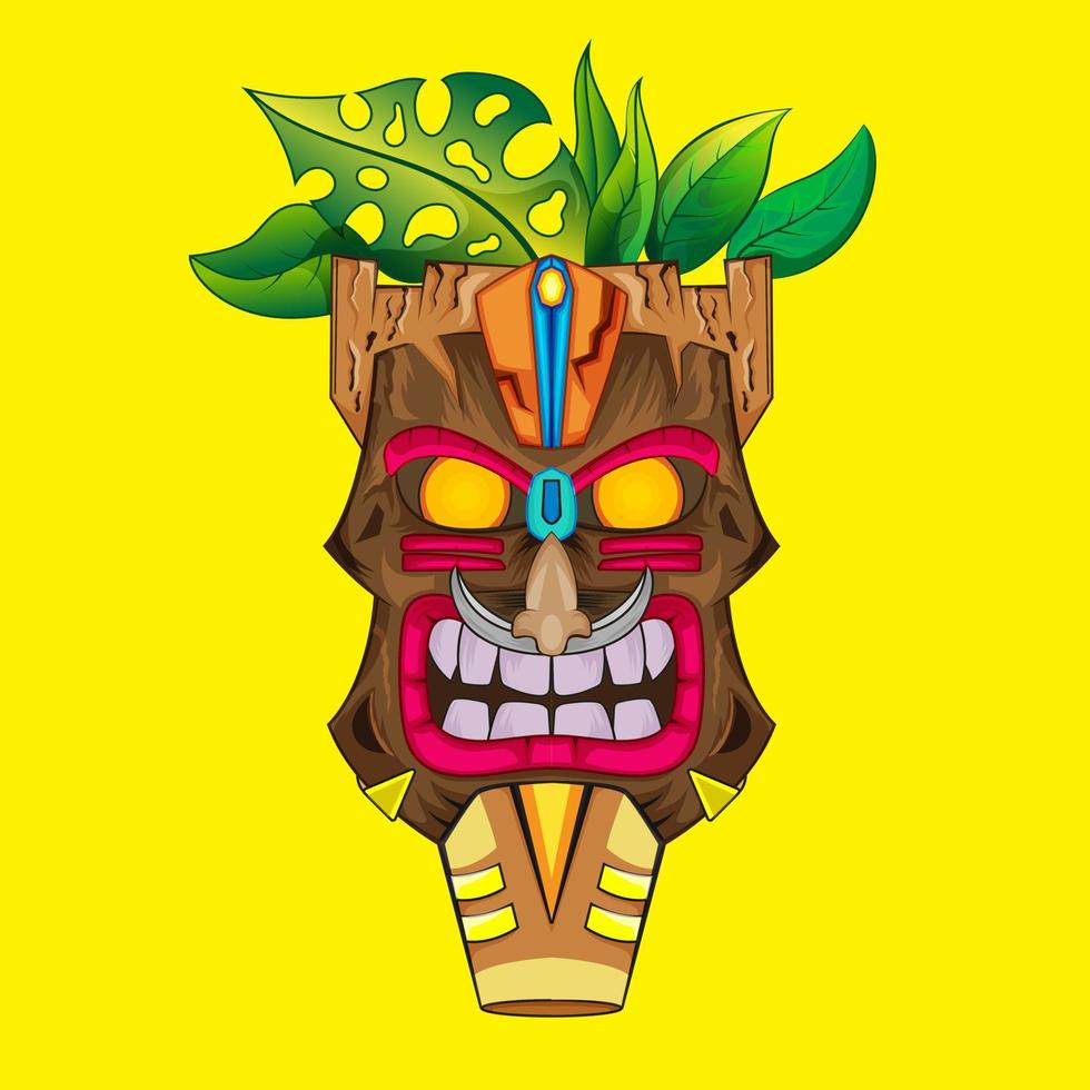 design av trendig hawaii trä tiki mask för surfbar. traditionell etnisk idol och hawaiisk surf, maori eller polynesisk vektor