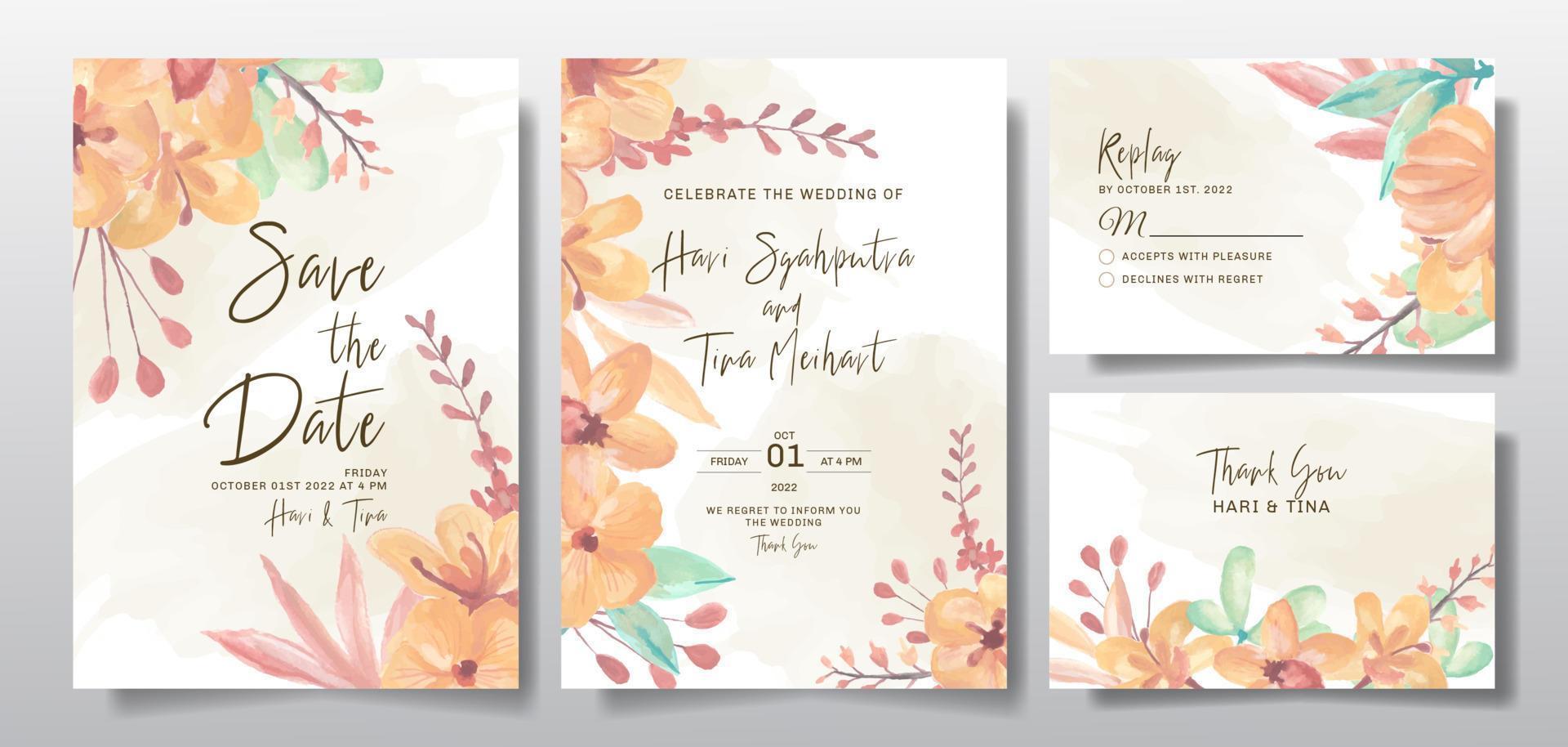 hochzeitseinladungsgrußkarte mit aquarellblumen- oder blattdesignhintergrund vektor