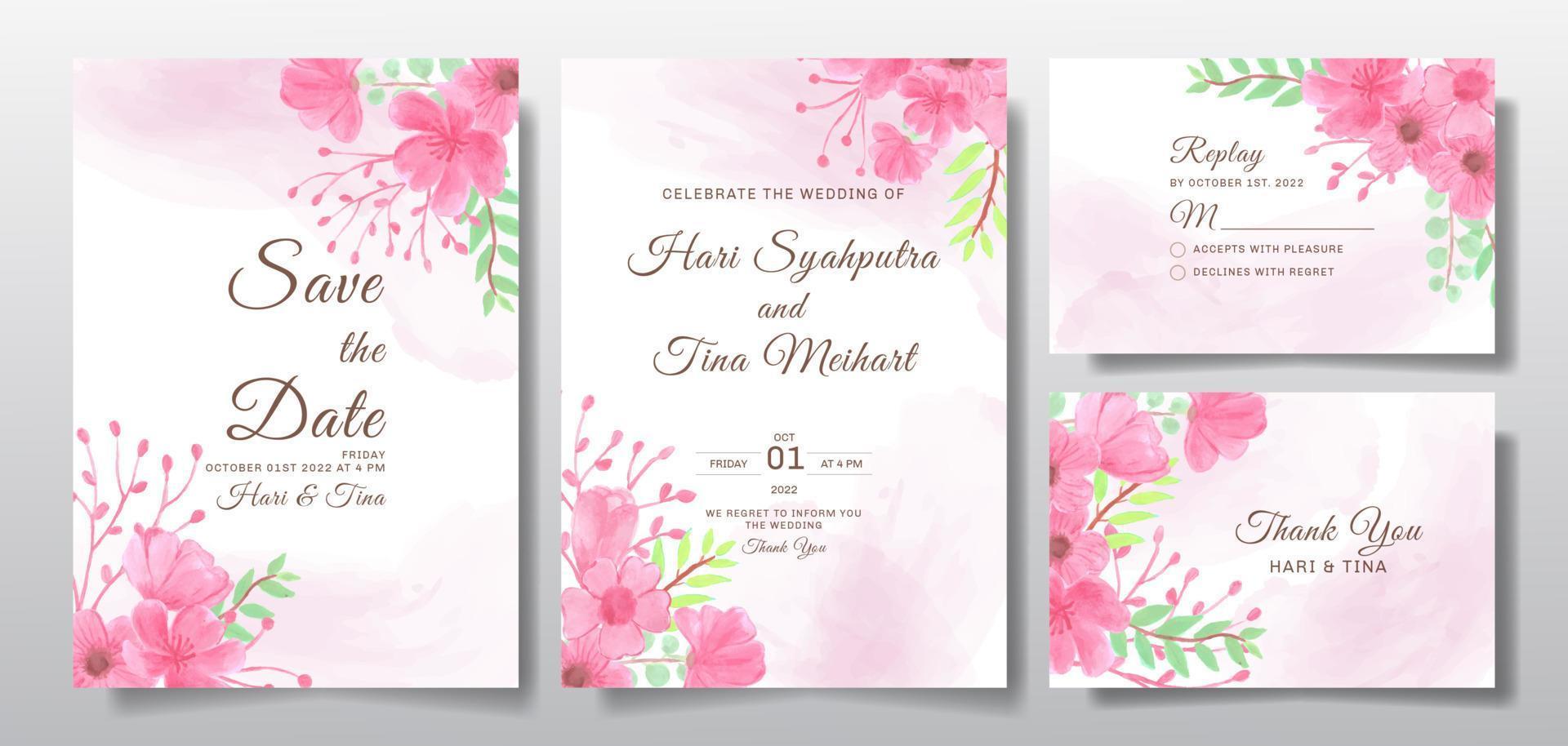 bröllopsinbjudan gratulationskort med akvarell blomma eller blad design bakgrund vektor