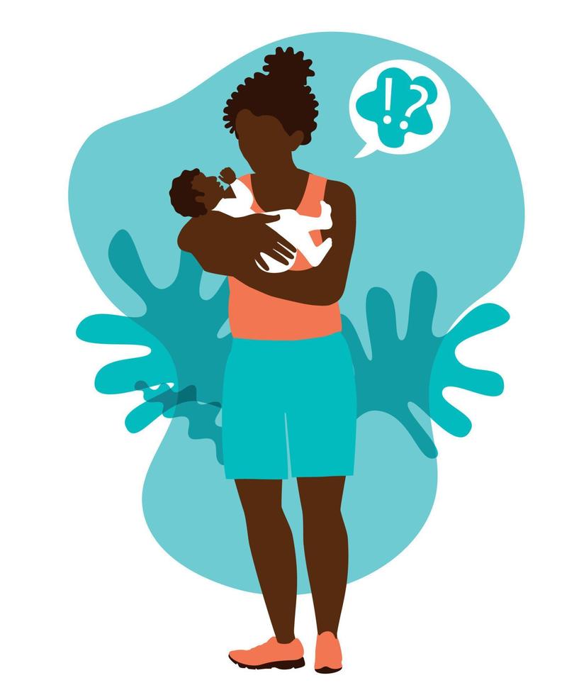 postnatal svart kvinna, håller en baby i sina armar. mamma är i förlossningsdepression. trött mamma stress med barn. barnomsorgsproblem. vektor