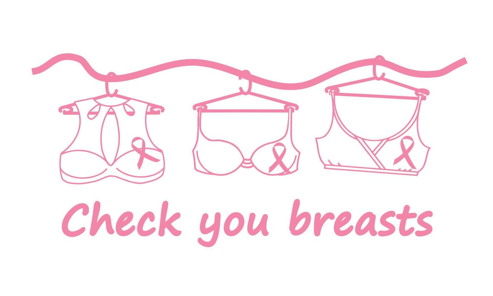 bröstcancer medvetenhet månad banner med text kontrollera dina bröst. bröstcancer hälsa och förebyggande koncept. underkläder hänger på ett rosa band. vektor