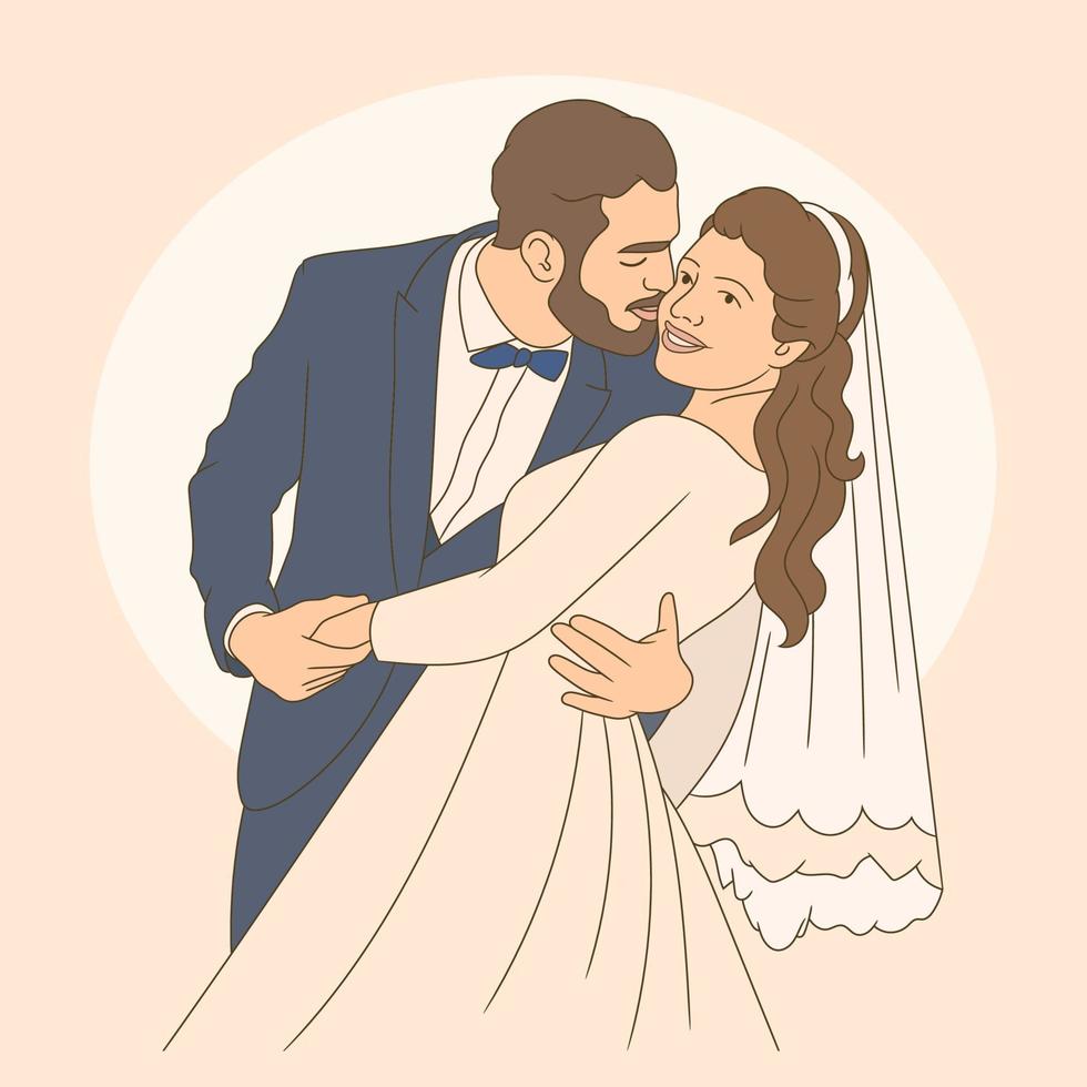 junges und fröhliches frisch verheiratetes paar, erstes treffen von braut und bräutigam. vektor