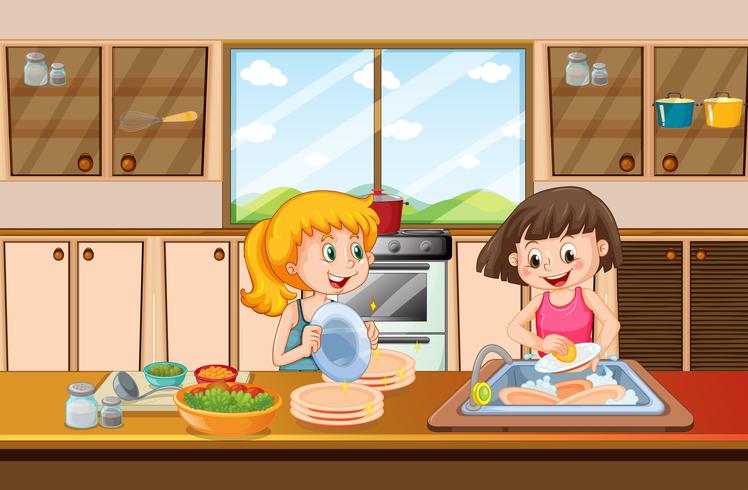 Mädchen, die Teller in der Küche säubern vektor