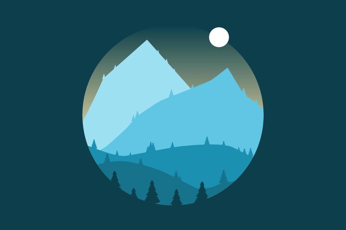 Berglandschaft mit Silhouetten von Waldbäumen im Kreis. Perfekt für den Hintergrund. blaue Farbsilhouette vektor