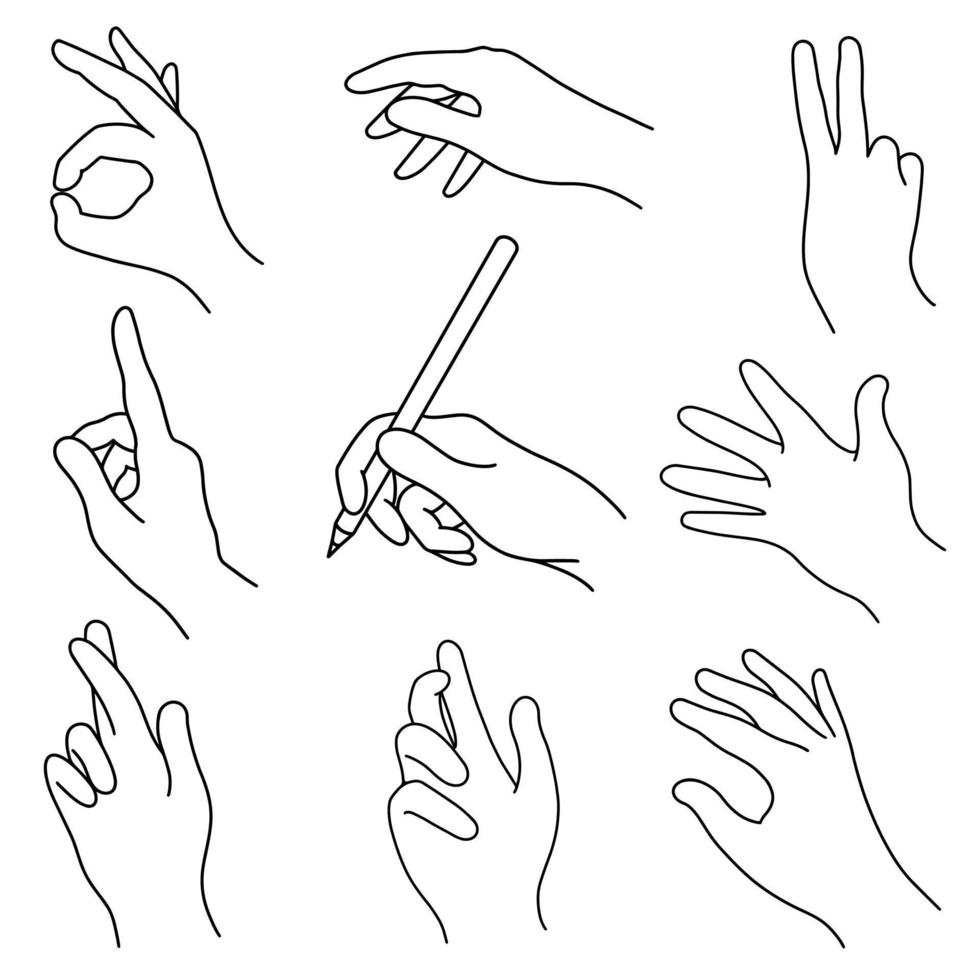 rechte menschliche Hände Vektorsymbole gesetzt. hand gezeichnete illustration lokalisiert auf weißem hintergrund. sammlung von gesten - zeichnen, grüßen, tschüss, gewinnen, ok, sorge, gekreuzte daumen. Handflächenskizze, Umriss, Gekritzel vektor
