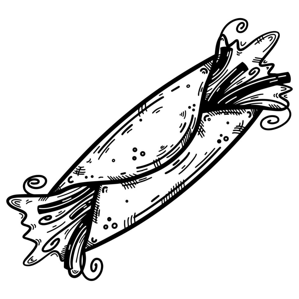Döner-Vektor-Symbol. von Hand gezeichnete Illustration lokalisiert auf weißem Hintergrund. gesponnener Shawarma mit Salat, Gemüse. Burrito in einer Tortilla. Fast-Food-Skizze. monochromes Element der nationalen Küche. vektor