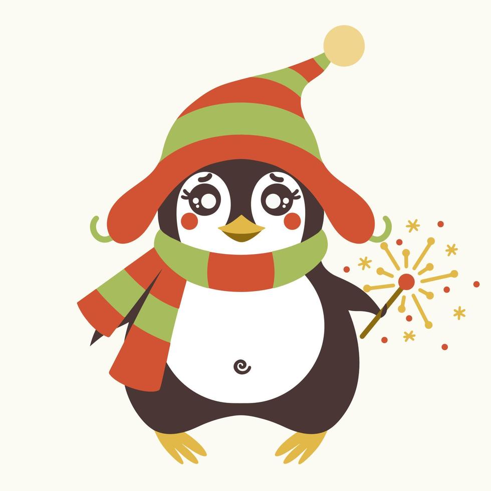 söt tecknad pingvin med tomtebloss vektor ikon. handritad illustration isolerad på vit bakgrund. antarktisk fågel i en julmössa, en randig halsduk. platt stil, barnsligt koncept.