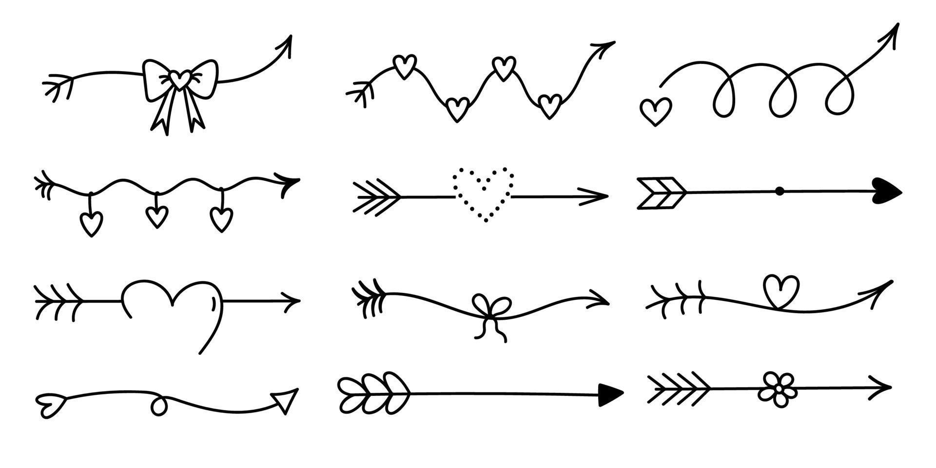 uppsättning av söta doodle pilar för alla hjärtans dag isolerad på vit bakgrund. vektor handritade illustration. perfekt för semesterdesigner, kort, inbjudningar, dekorationer. romantisk clipart samling.