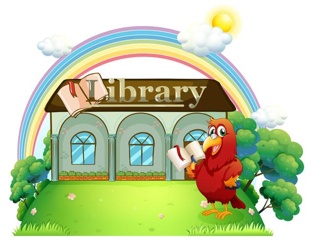Ein roter Papagei liest vor der Bibliothek vektor