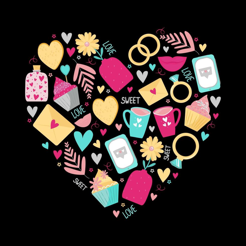 sött hjärttryck för alla hjärtans dag eller bröllop. på en mörk bakgrund telefon, kärleksbrev, inskriptioner, banker med hjärtan. vektor illustration