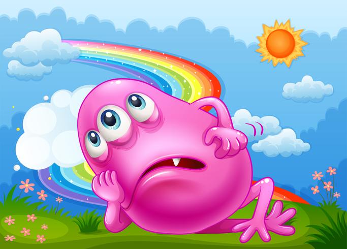 Ett trött rosa monster på kullen med en regnbåge i himlen vektor