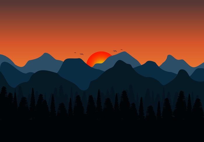 Natur bakgrund av berg. Solnedgång landskap bakgrund och silhuett av skog. vektor illustration.