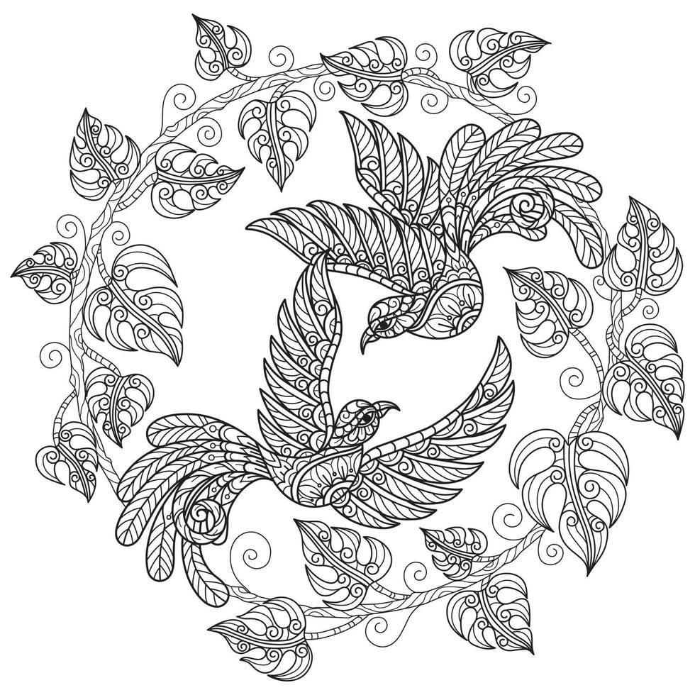 zwei Vögel und Philodendron handgezeichnet für Malbuch für Erwachsene vektor