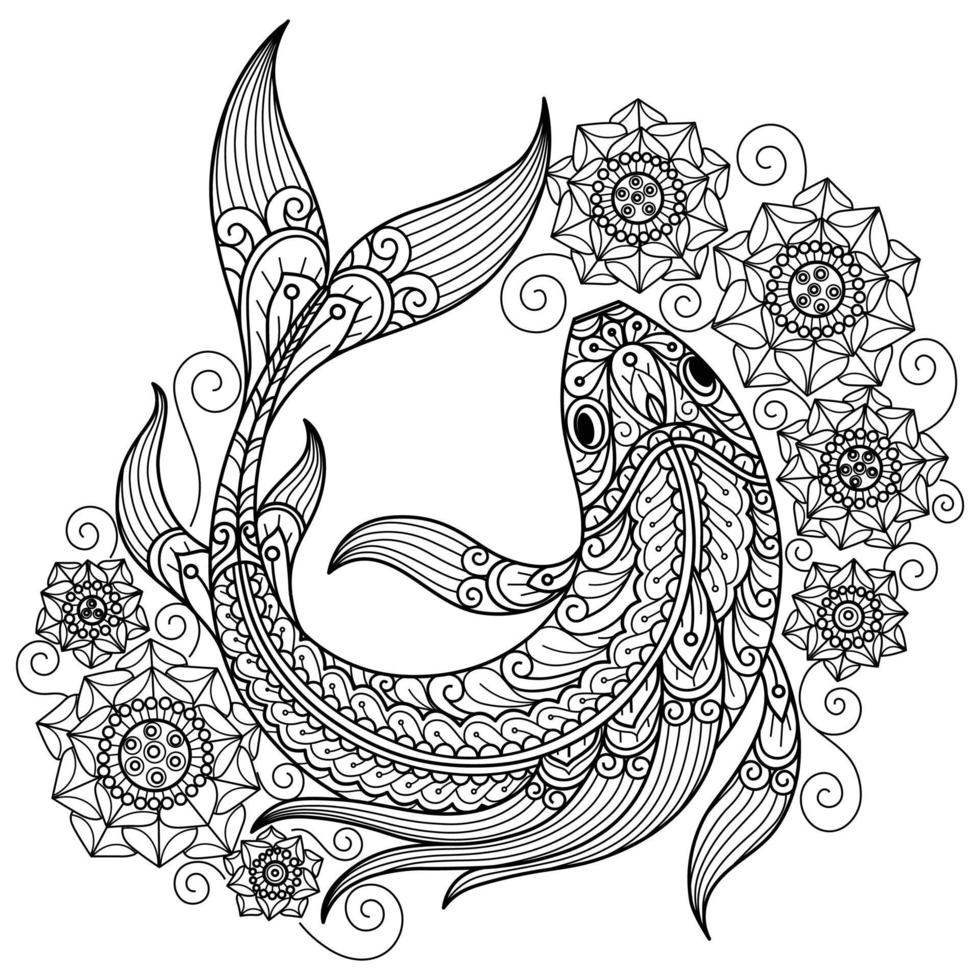 Fisch und Lotus handgezeichnet für Malbuch für Erwachsene vektor