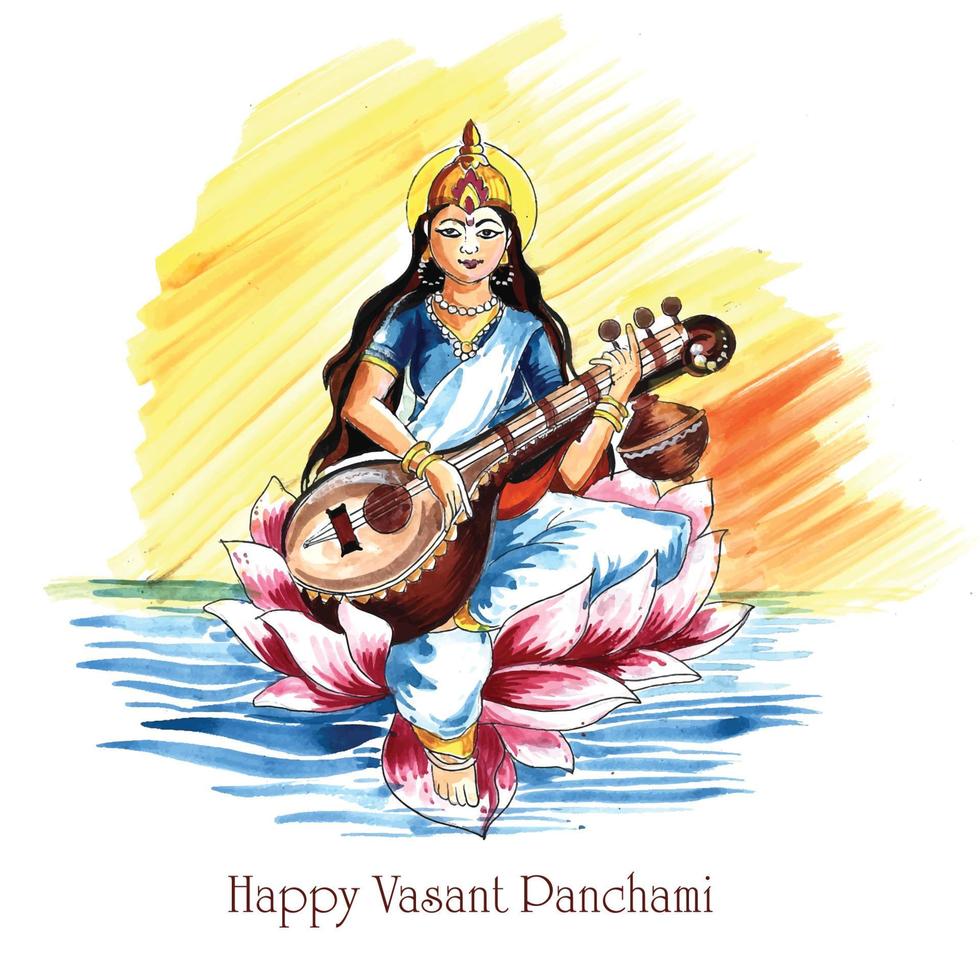 indischer gott saraswati maa auf vasant panchami religiösem festivalhintergrund vektor