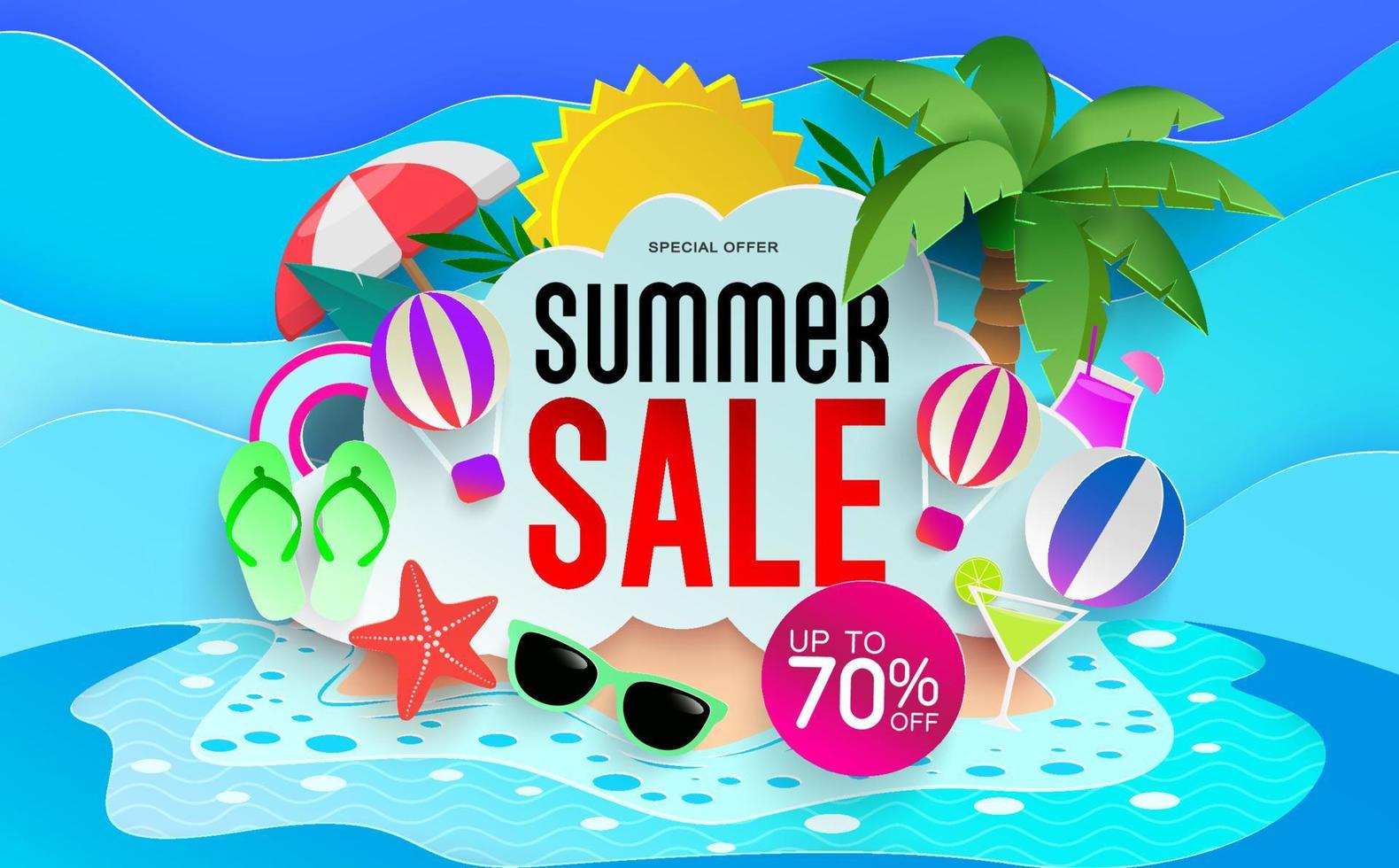 sommar försäljning vektor banner design. sommarrea av text i beach island bakgrund med tropiska säsongen element för semester shopping rabatt reklam marknadsföring. vektor illustration