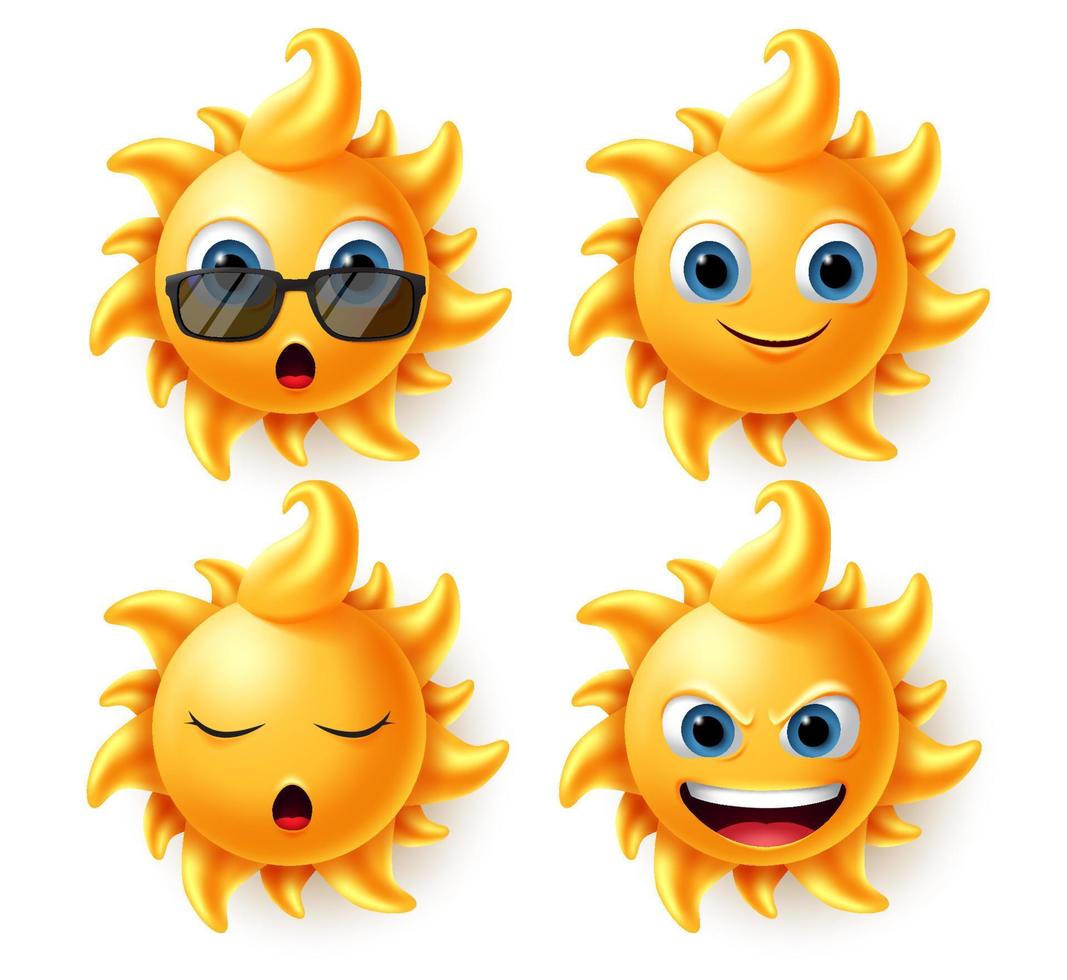 Sonnenzeichen-Vektorsatz. Sonnencharakter in verschiedenen Gesichtsausdrücken wie Überraschung, Lächeln, Schlafen und wütend auf Sommer-Emoji und Emoticon einzeln auf weißem Hintergrund. Vektor-Illustration vektor