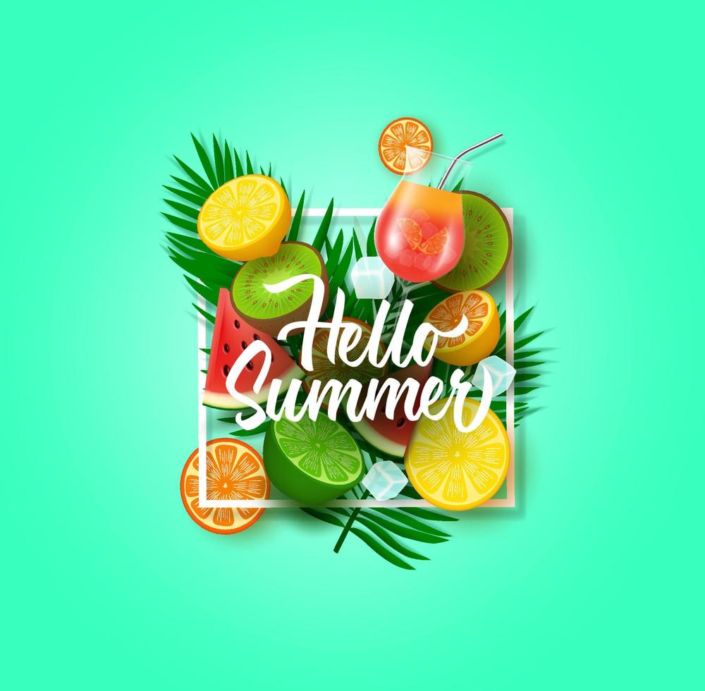 Hallo Sommervektordesign mit tropischen Früchten. hallo sommertext mit tropischen jahreszeitfruchtelementen wie zitrone, wassermelone. vektor