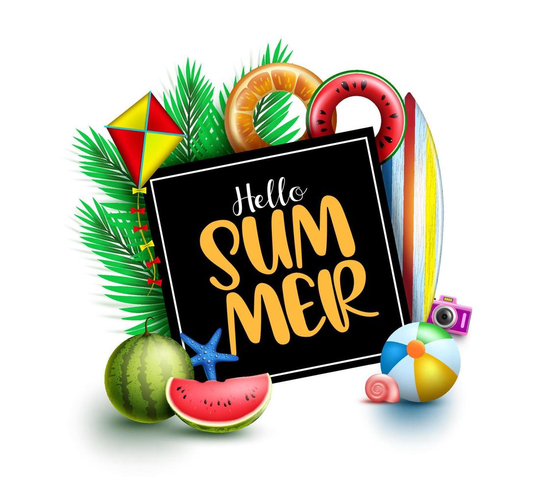 Hallo Sommer-Vektor-Template-Design. hallo sommertext im schwarzen brettraum mit palmblättern, beachball und wassermelonentropischen elementen für entspannende ferienzeitferien. Vektor-Illustration vektor