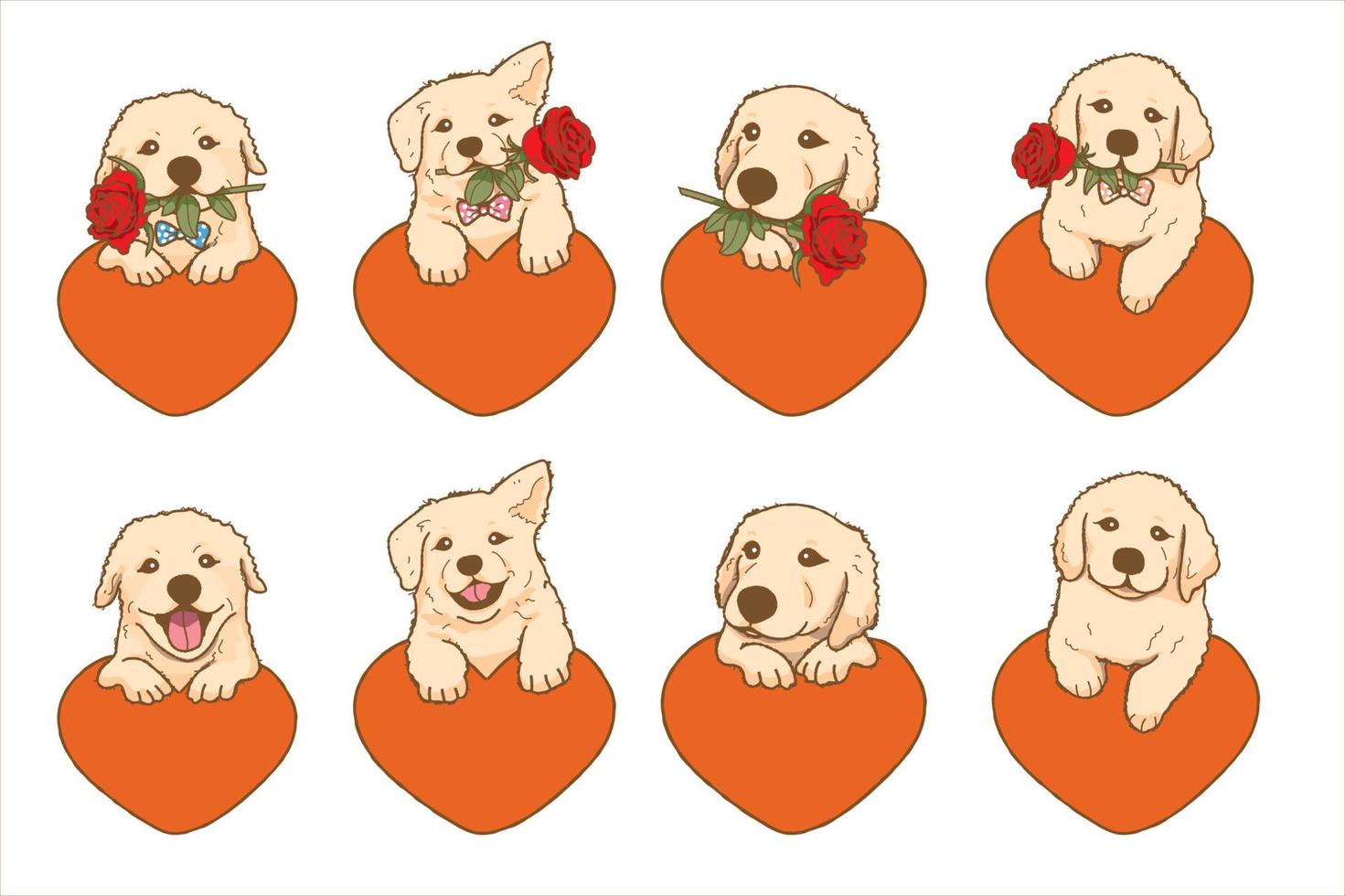 cartoon golden retriever hund hält rote rosenblume mit herz, schöner hund verliebt am valentinstag vektor