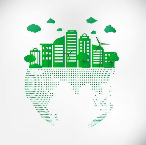 Spara Earth Planet World Concept. Världsmiljödagskonceptet. grön modern stadsstad på grön punktklot, säkra världen, ekologi koncept vektor