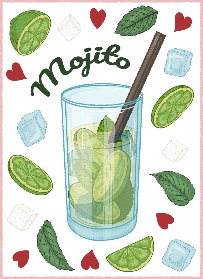 cocktailmojito med lime, mynta och isbitar. färgglad affisch. vektor illustration.