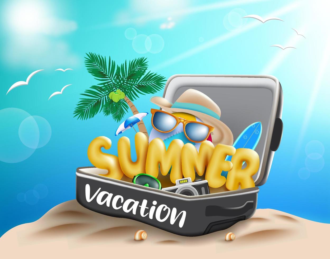 Sommer-Vektor-Konzeption. sommer 3d-text im reisegepäck mit wasserball, sonnenbrille, hut und kameraelementen zum spaß und genießen sie die ferienzeit. Vektor-Illustration vektor