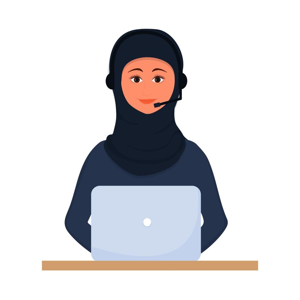 Arabische Frau im Hijab arbeiten, Call-Center-Betreiber, Support mit Laptop und Headset isoliert auf weißem Hintergrund. muslimische Beraterin vektor