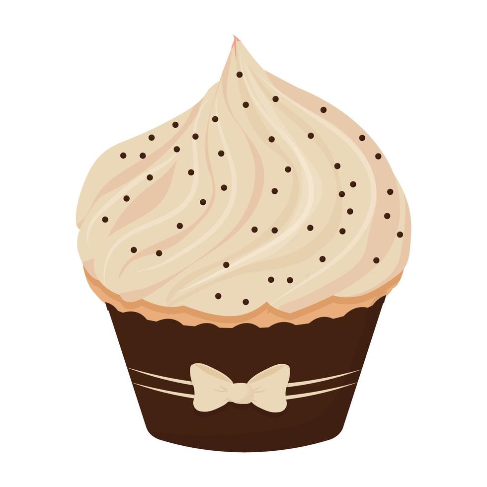 cupcake med grädde och söt rosett, välsmakande läcker dessert isolerad på vit bakgrund. söt mat, firande. clipart, designelement. vektor illustration