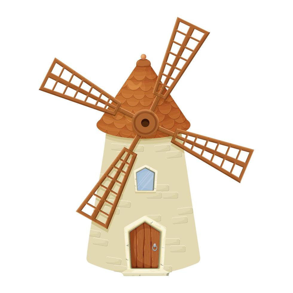 Windmühlenfee, Karikatur lokalisiert auf weißem Hintergrund. Retro, ländliches Gebäude, Turm mit Holzpropeller. Clipart, Designelement, UI-GUI-Asset. Vektor-Illustration vektor