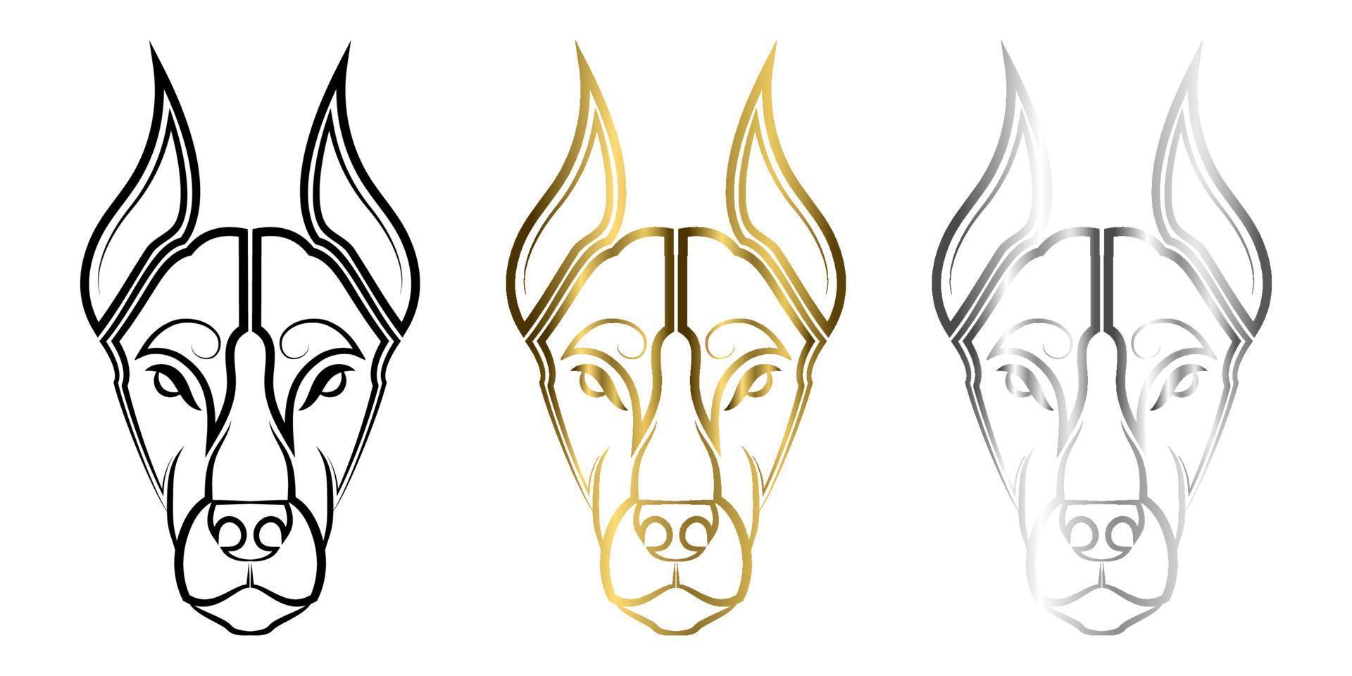 dreifarbige schwarze Gold- und Silberlinienkunst des Dobermann-Hundekopfes gute Verwendung für Symbol, Maskottchen-Symbol, Avatar-Tätowierung, T-Shirt-Design-Logo oder jedes gewünschte Design vektor