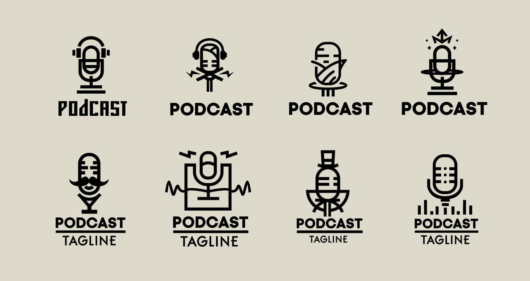 eine Sammlung von Monoline-Podcast-Logo-Sets mit einem Vintage- und minimalistischen Konzept vektor
