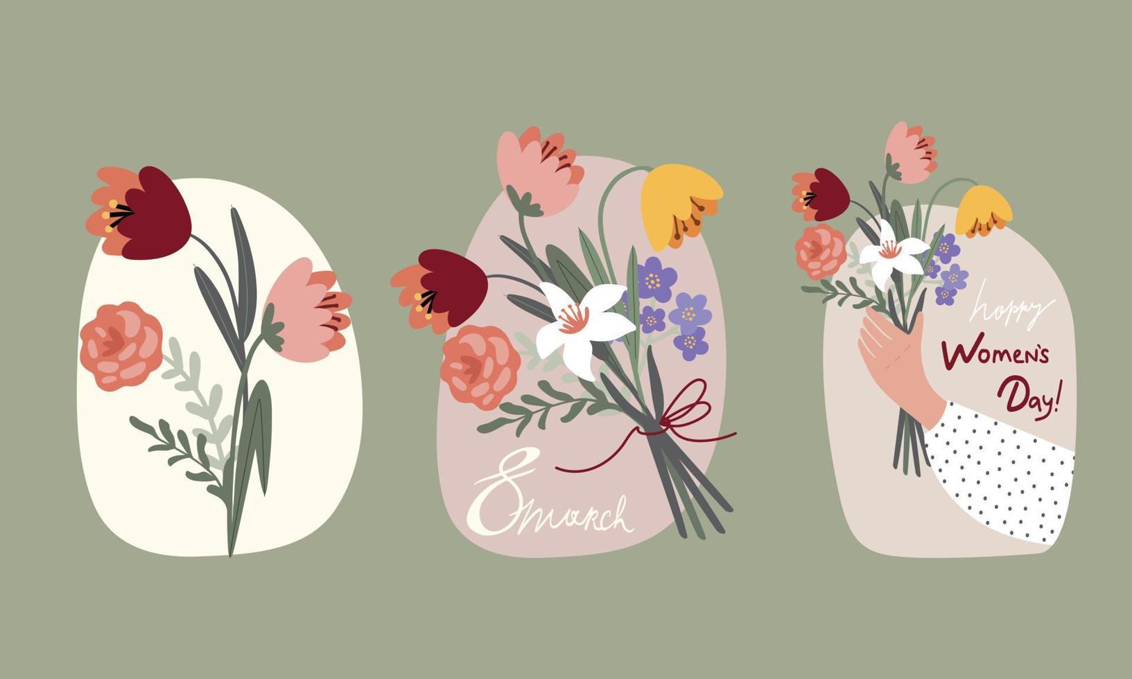 uppsättning illustrationer av våren buketter av blommor för internationella kvinnodagen vektor