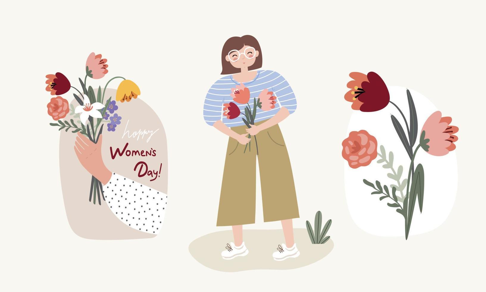 uppsättning illustrationer för internationella kvinnodagen med unga kvinnor och blomma vektor