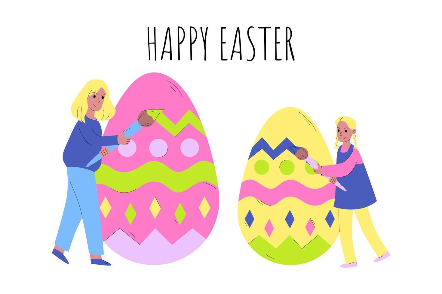 små mor och dotter målar påskägg. glad påsk. konceptet att förbereda för påsk, fira påsk med hela familjen. vektor illustration i tecknad stil.
