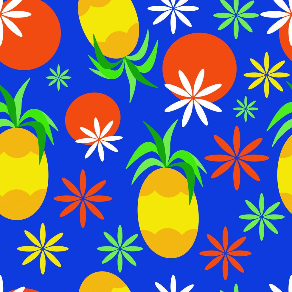 Nahtloses tropisches Fruchtmuster. exotischer hintergrund mit ananas, orangen und blumen auf blauem hintergrund für tapeten, verpackungspapier, stoff. bunte vektorillustration. vektor