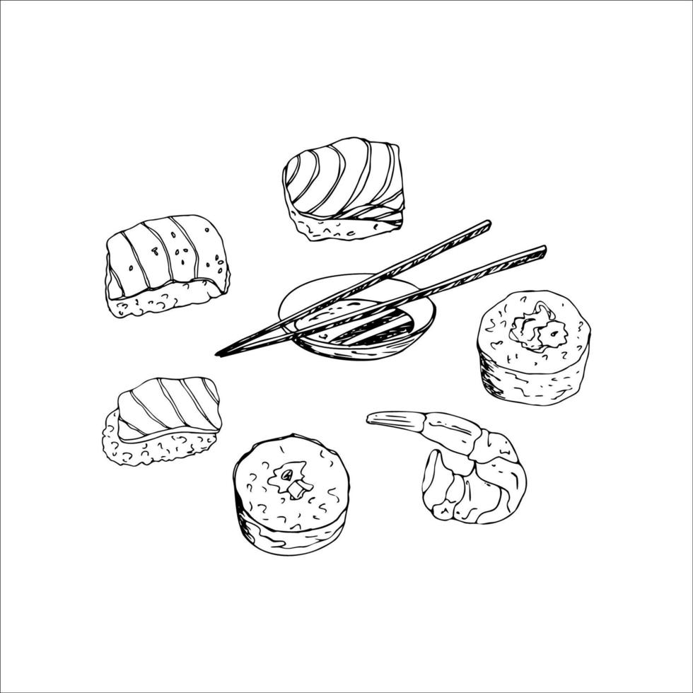 japanisches essenset bestehend aus sushi, rollen, garnelen, holzstäbchen und einer schüssel mit sojasoße, isoliert auf weißem hintergrund. vektorillustration im handgezeichneten stil. vektor