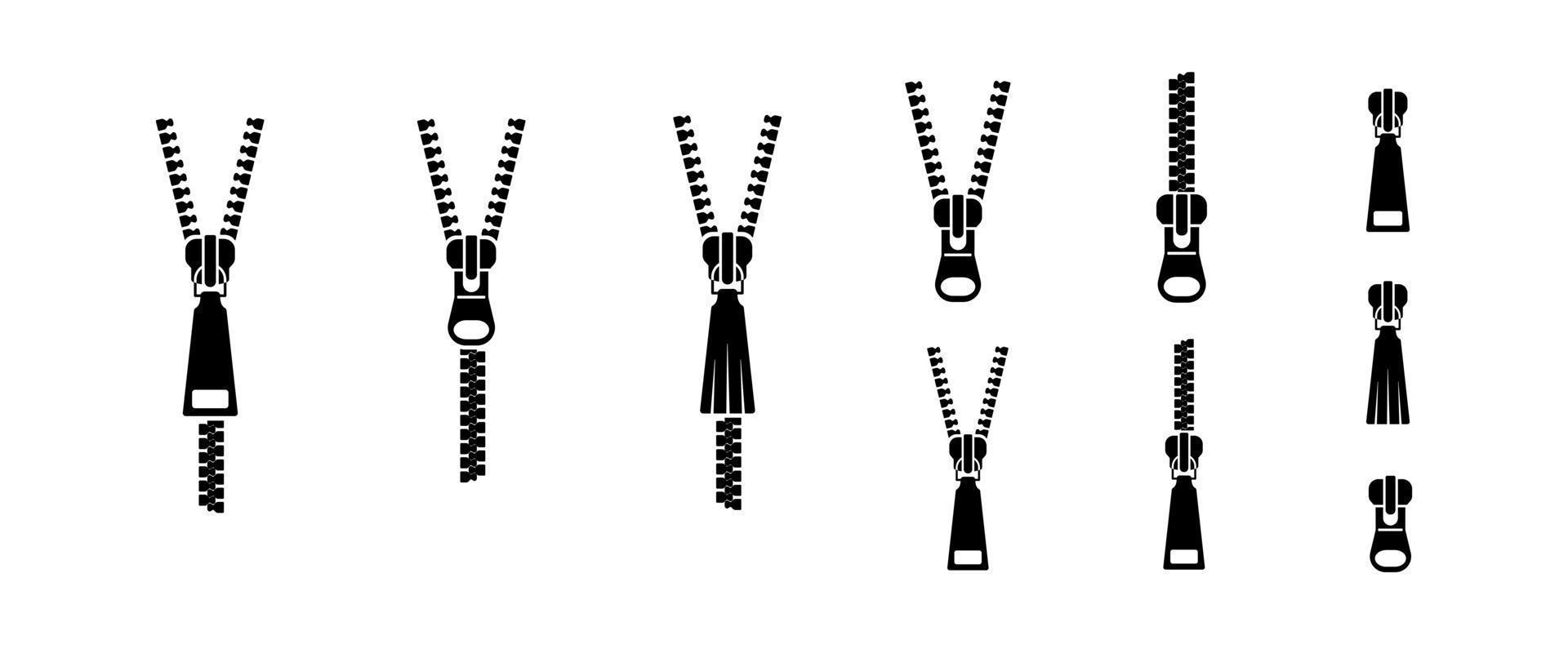 Reißverschlüsse. offene und geschlossene reißverschlüsse große symbole gesetzt. schwarzes Symbol des festen Vektors lokalisiert auf weißem Hintergrund. vektor