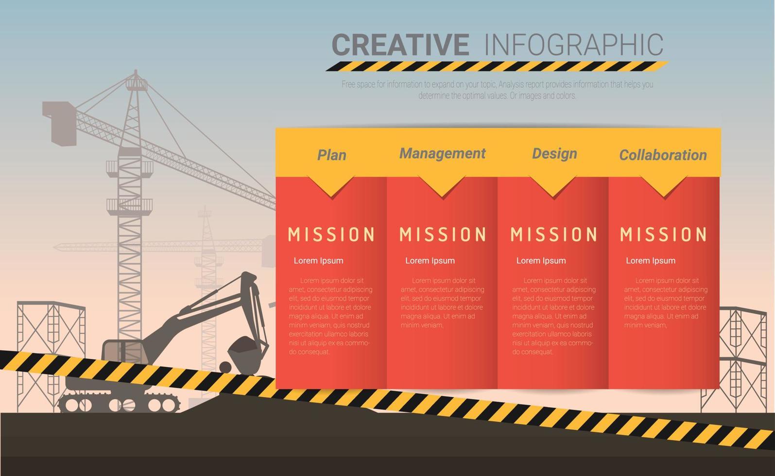 Kran und Bagger auf der Baustelle. Infografik-Vorlage für die Präsentation. vektor