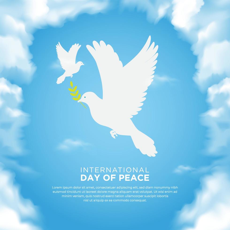 firande av den internationella fredsdagen med realistiska moln och duvor. fred dag design vektor illustration