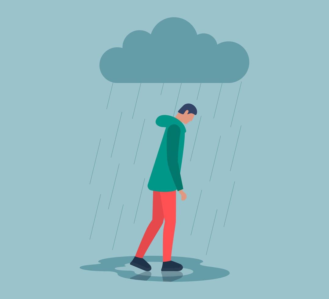 olycklig deprimerad ledsen man i stress med negativa känslor problem som går under regnmoln. ensamhet kille. ensam förlorare manlig person depression. ensamhet och dåliga känslor i mulet väder. vektor